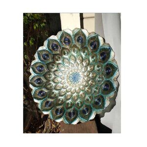 Stunning Iridescent Hand Painted Peacock Feathers Pattern Glass Decorator Bowl